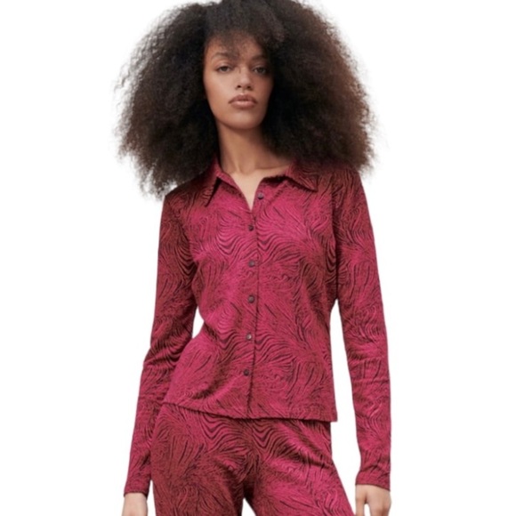 Zara Shirt Size M pink Animal Print Long Sleeve shirt Collar Knitted Blouse New - Picture 4 of 14